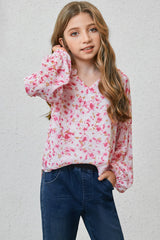 Girls Printed Notched Neck Puff Sleeve Blouse