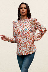 Printed Ruffle Shoulder Long Sleeve Blouse