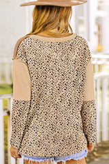 Color Block Leopard Notched Long Sleeve Blouse