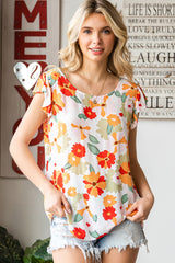 Floral Flutter Sleeve Round Neck Blouse