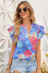 Floral Notched Neck Flutter Sleeve Blouse