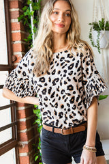 Leopard Round Neck Curved Hem Blouse