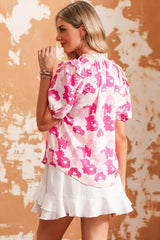 Floral Tie Neck Ruffle Shoulder Blouse