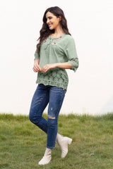 Tie Neck Lace Detail Half Sleeve Blouse