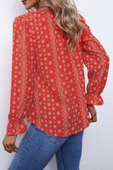 Printed Tie Neck Flounce Sleeve Top