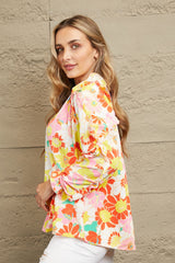 Double Take Floral Tie Neck Ruffled Blouse