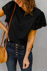 Round Neck Openwork Flutter Sleeve Top