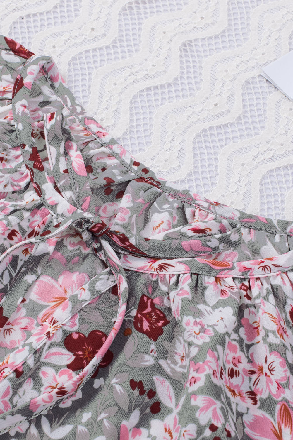 Printed Tie Neck Flounce Sleeve Top