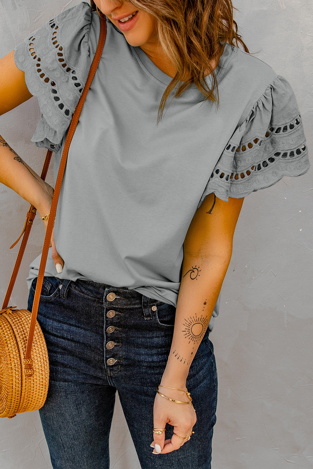 Round Neck Openwork Flutter Sleeve Top