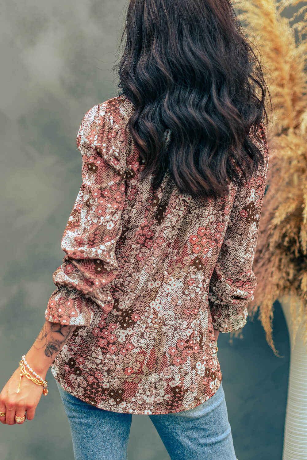 Printed Tie Neck Flounce Sleeve Top