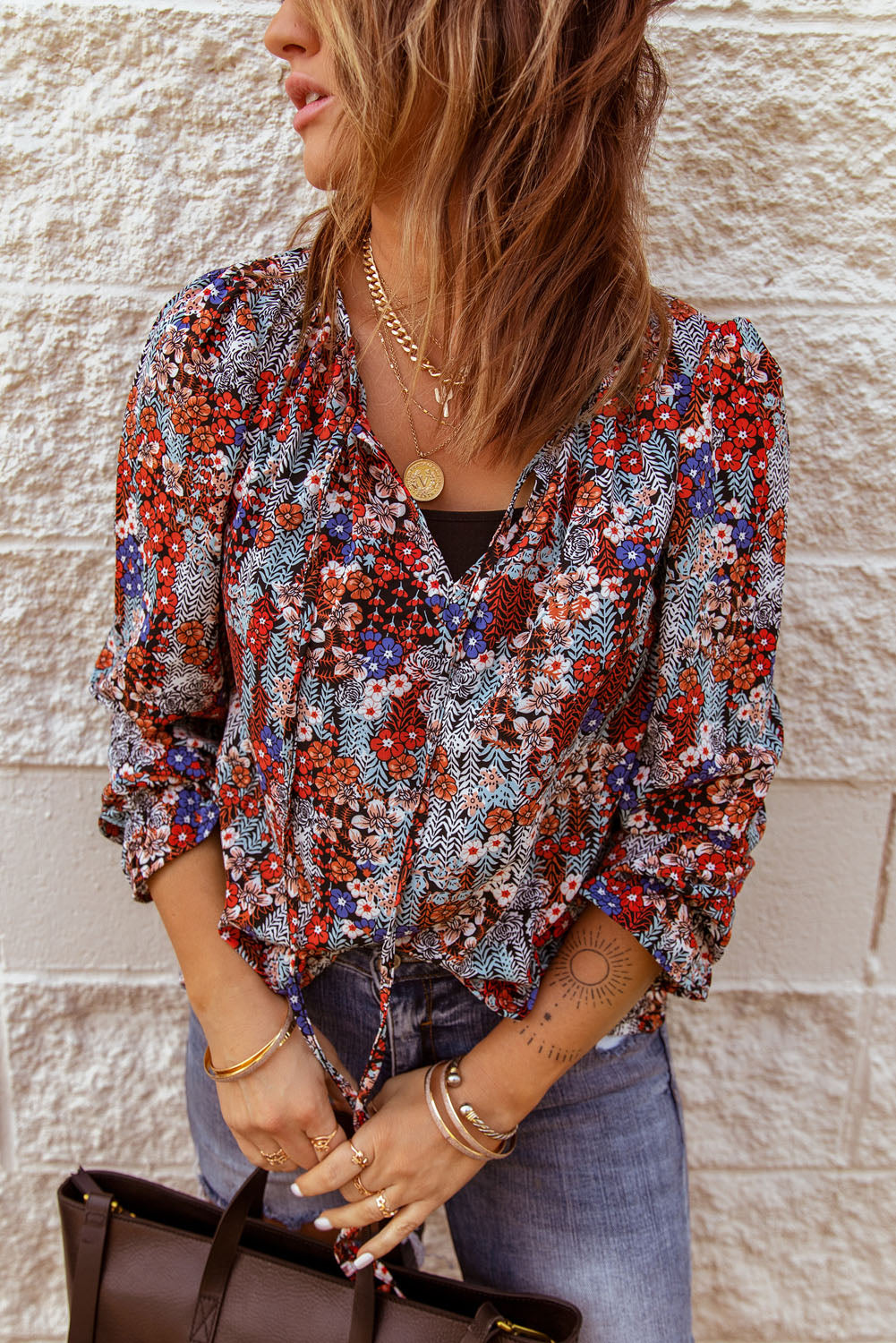 Printed Tie Neck Flounce Sleeve Top