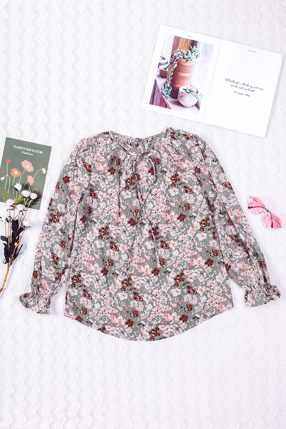 Printed Tie Neck Flounce Sleeve Top