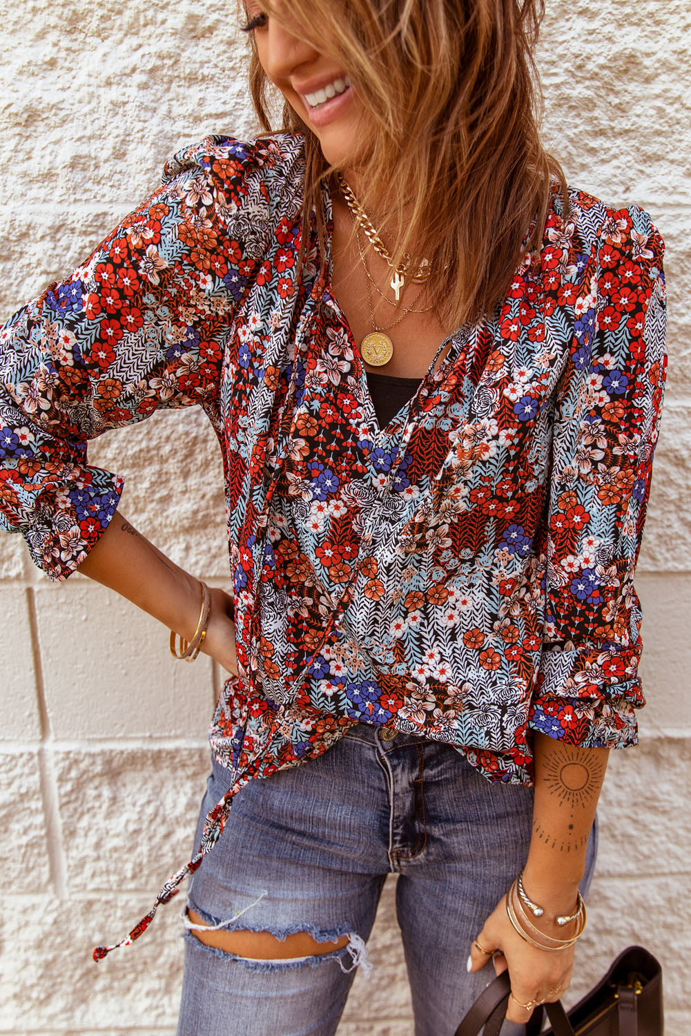 Printed Tie Neck Flounce Sleeve Top