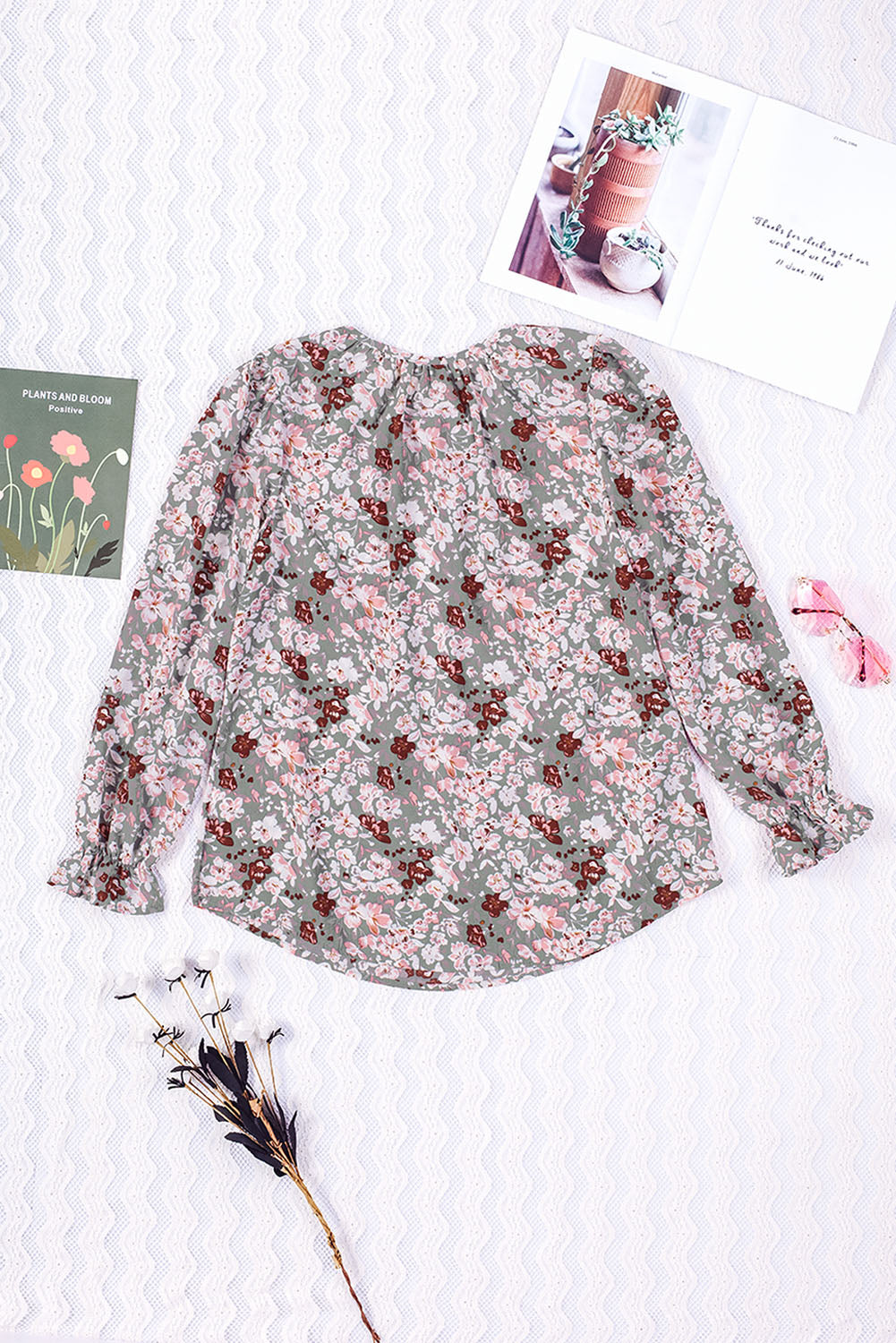 Printed Tie Neck Flounce Sleeve Top