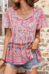 Bohemian Decorative Button Tie-Neck Peplum Blouse