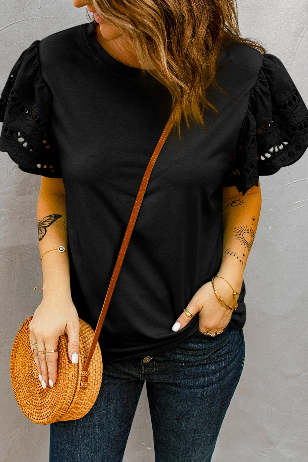 Round Neck Openwork Flutter Sleeve Top