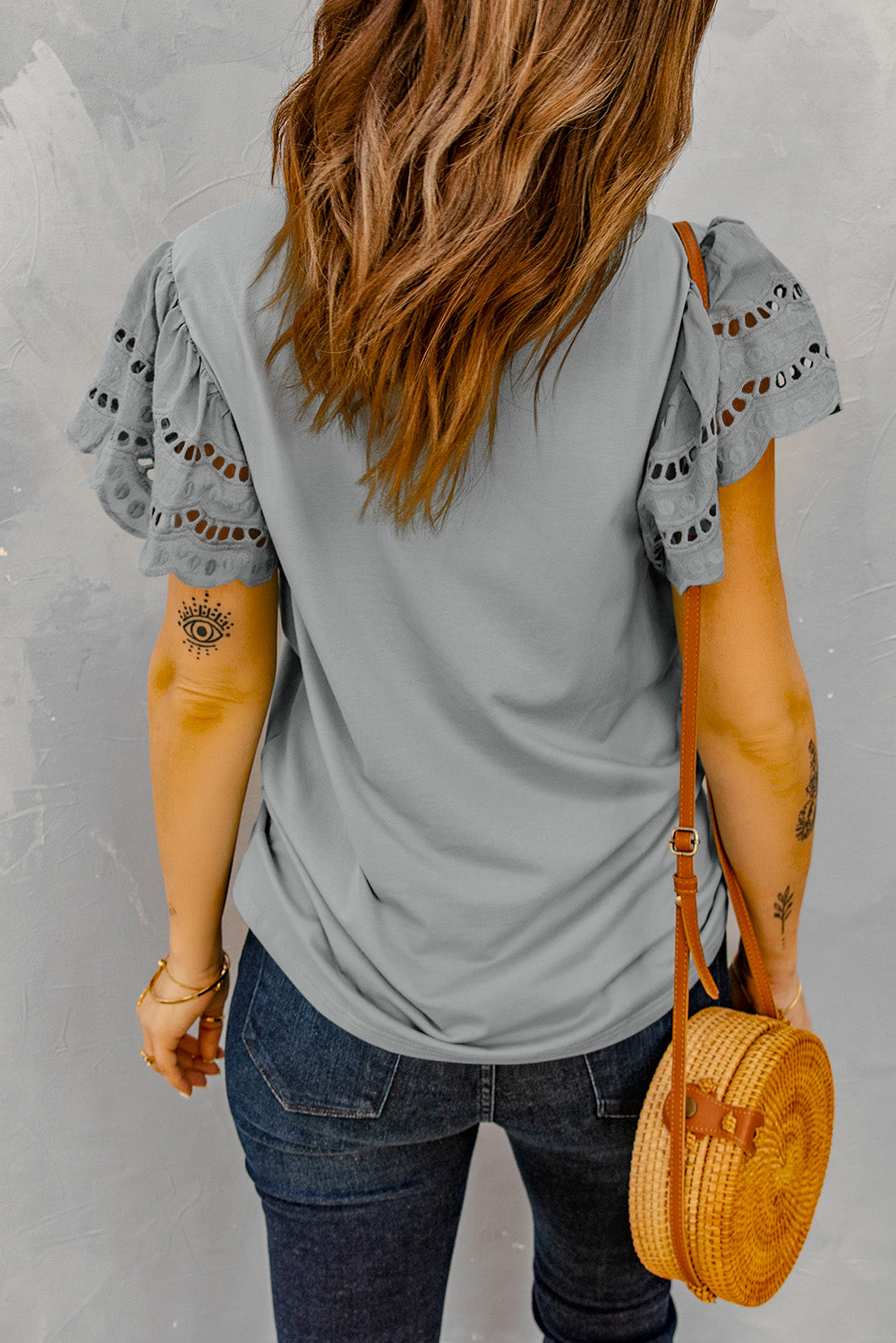 Round Neck Openwork Flutter Sleeve Top