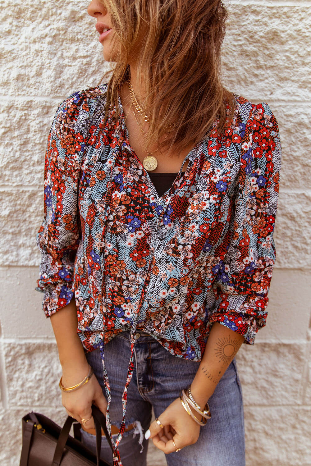 Printed Tie Neck Flounce Sleeve Top