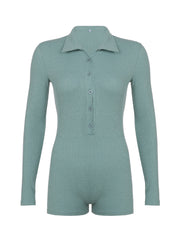Ribbed Half Button Collared Neck Romper