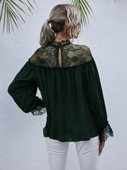 Semi-Sheer Lace Trim Mock Neck Blouse