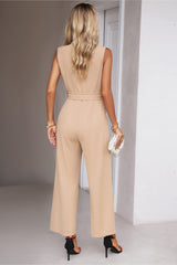 Tie Waist Shawl Collar Sleeveless Jumpsuit