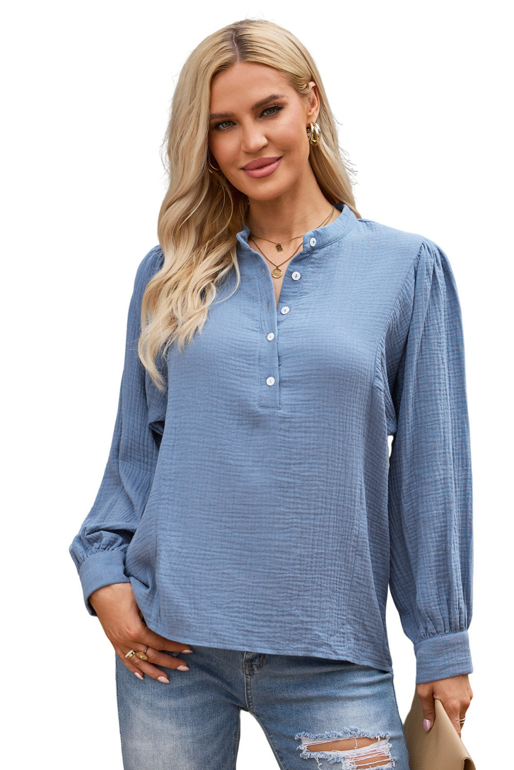 Double Take Half Button Puff Sleeve Blouse