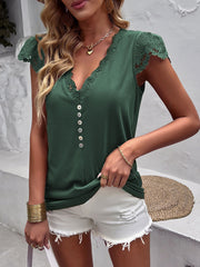 Lace Trim V-Neck Buttoned Top