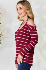 BiBi Striped Cold Shoulder Long Sleeve Knit Top