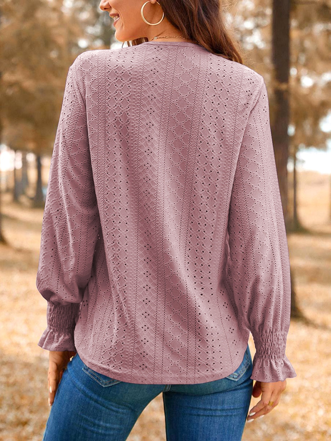 Eyelet V-Neck Flounce Sleeve Top