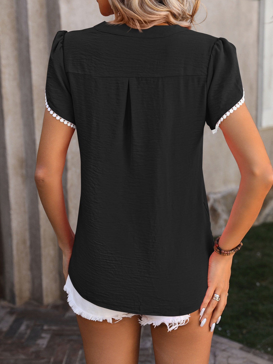 Contrast Trim Pom-Pom Detail Notched Neck Blouse