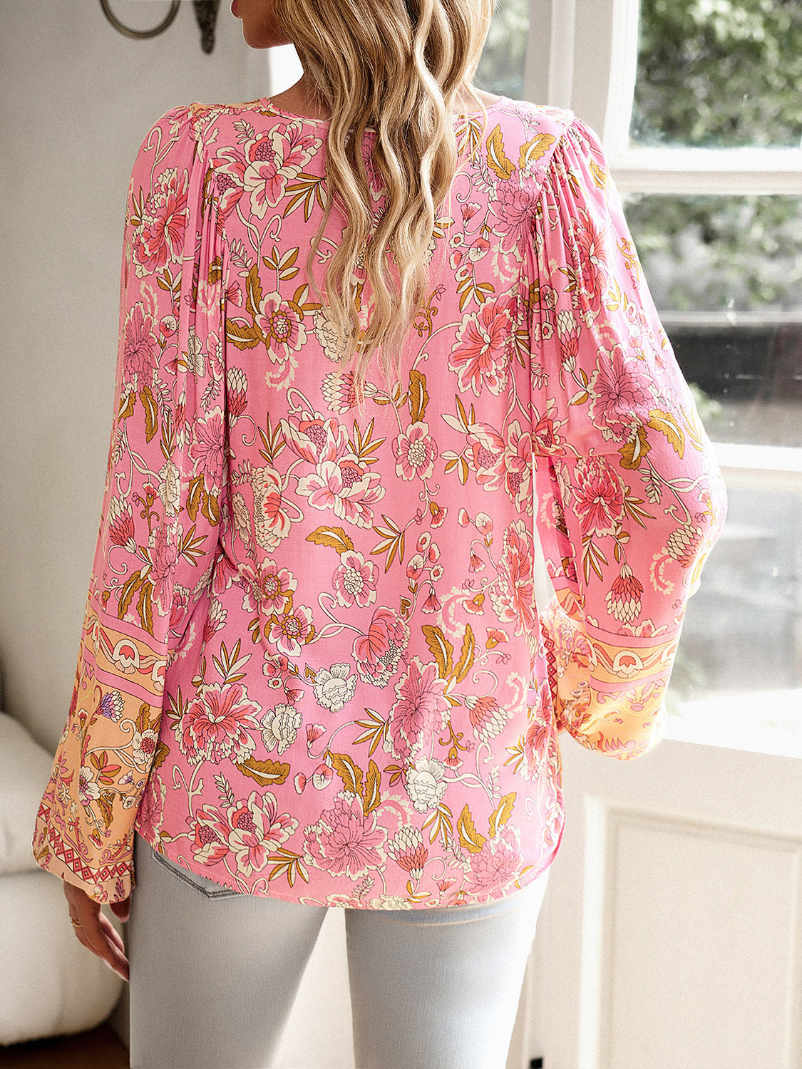 Floral Tie Neck Puff Sleeve Blouse