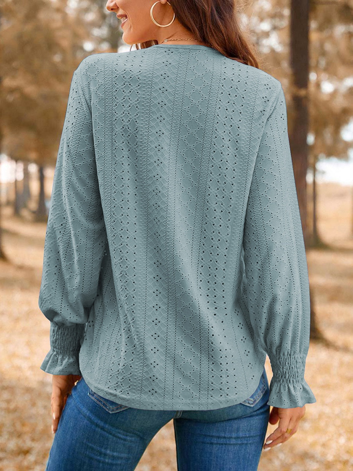 Eyelet V-Neck Flounce Sleeve Top