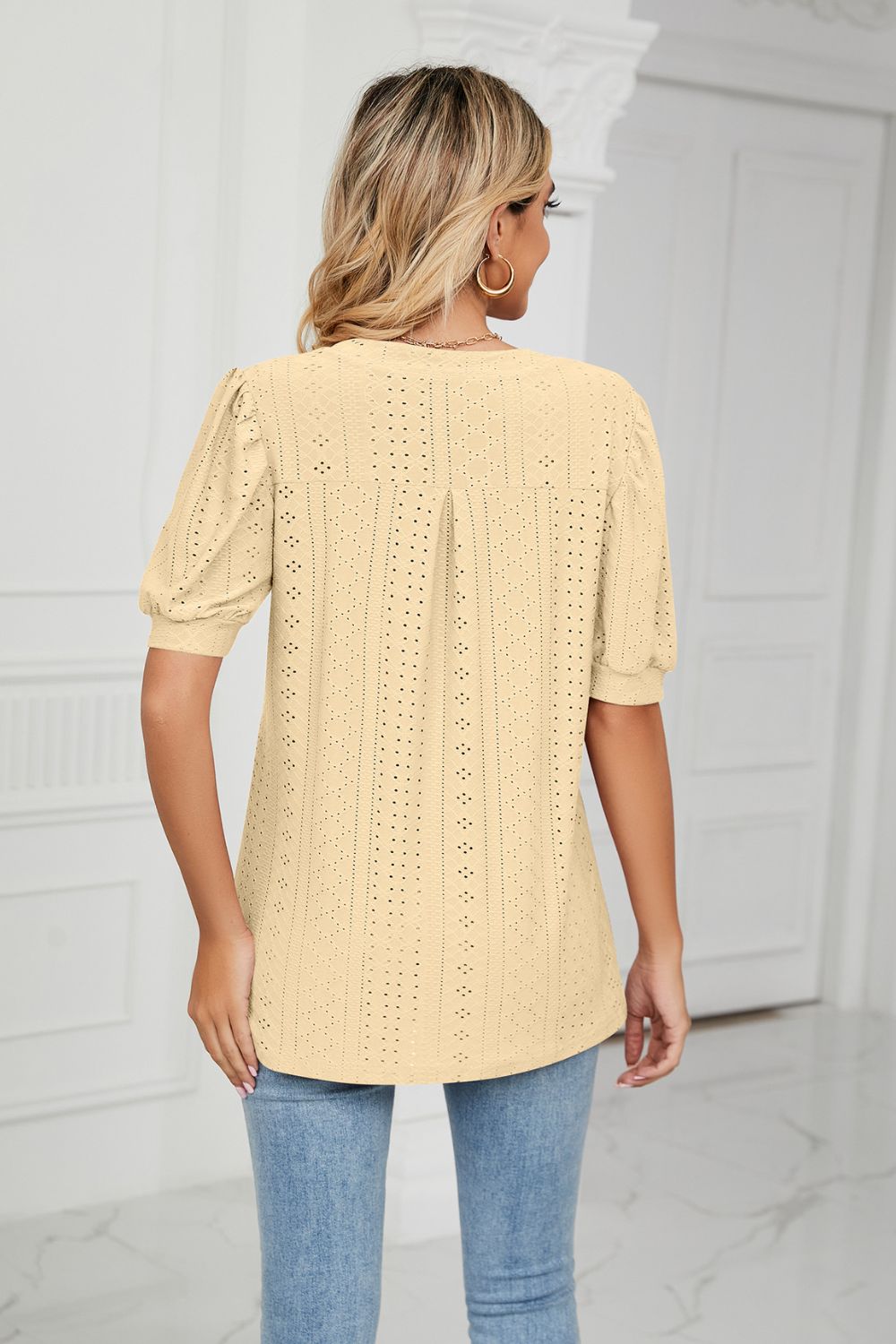 Eyelet Short Puff Sleeve Notched Neck Top