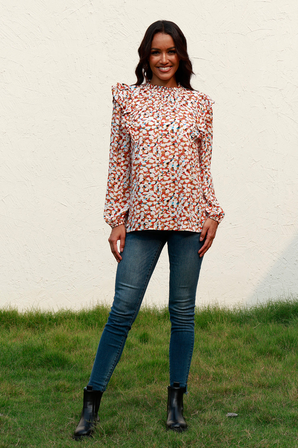 Printed Ruffle Shoulder Long Sleeve Blouse