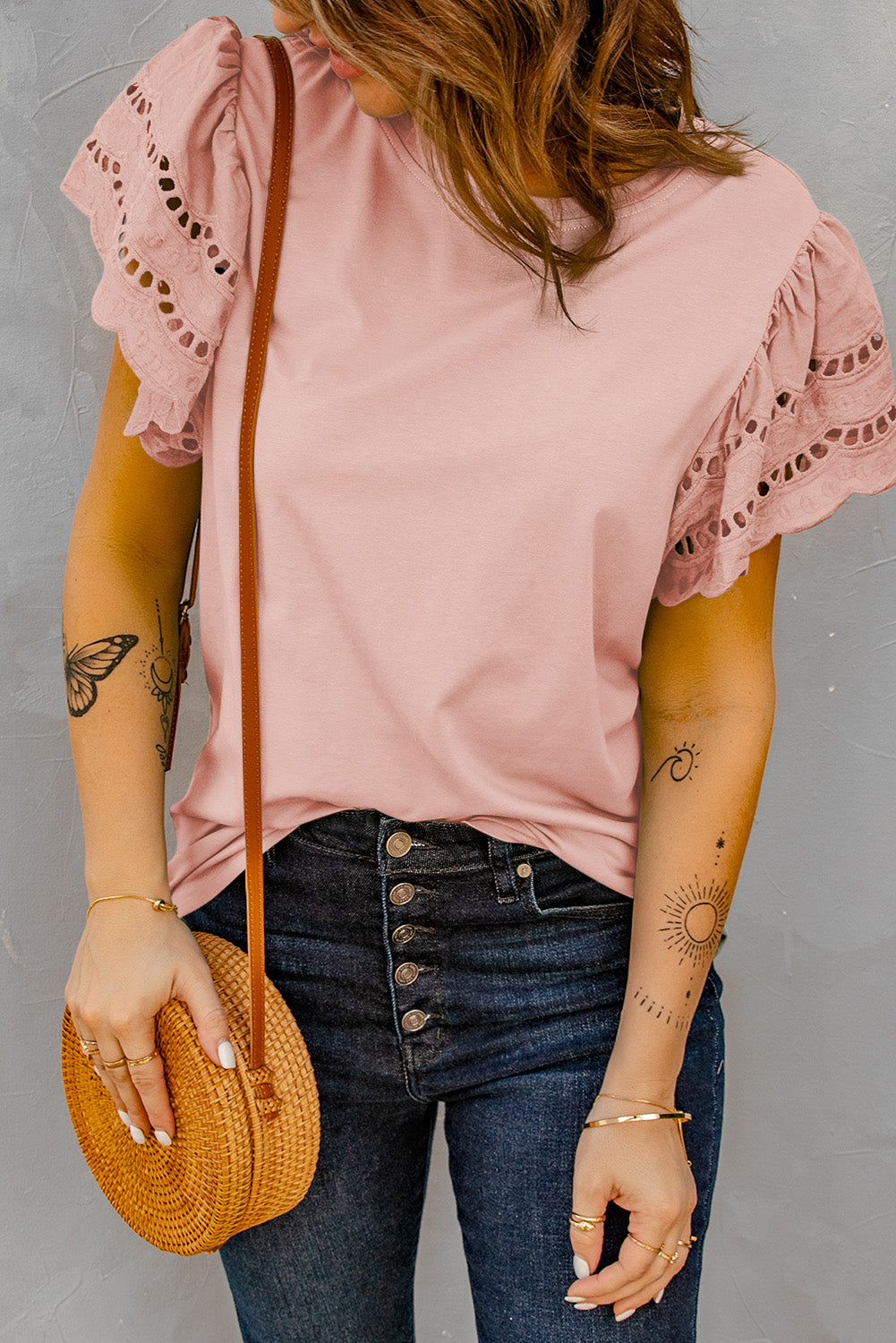 Round Neck Openwork Flutter Sleeve Top