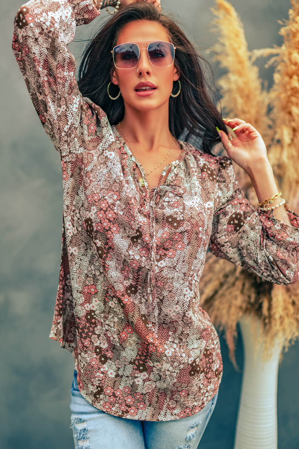 Printed Tie Neck Flounce Sleeve Top