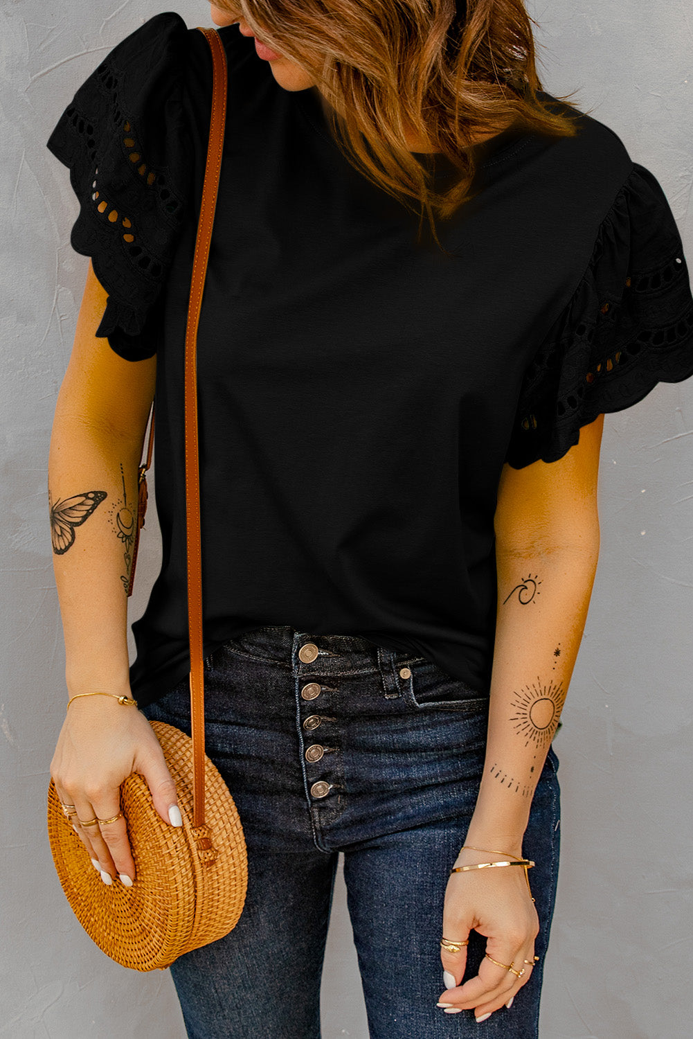 Round Neck Openwork Flutter Sleeve Top