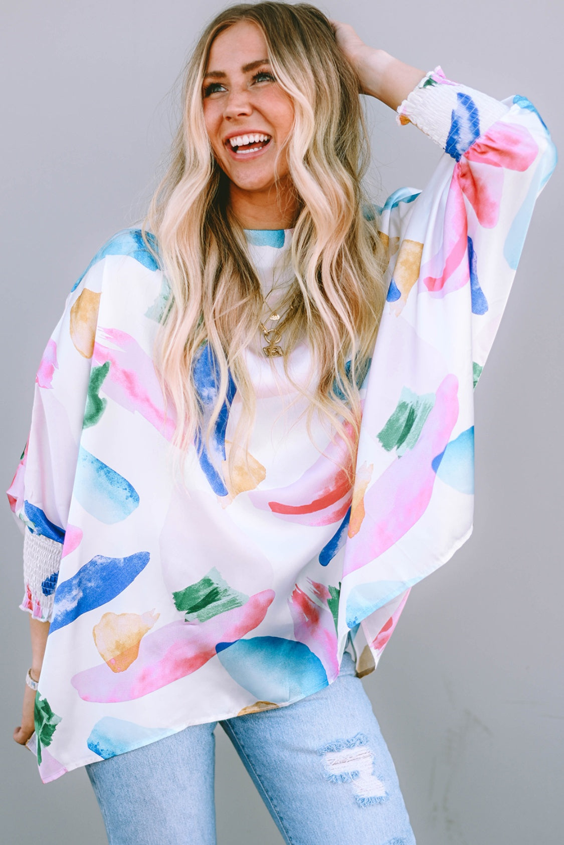 Printed Round Neck Smocked Lantern Sleeve Blouse