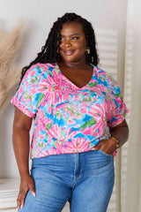 Double Take Floral V-Neck Short Sleeve Blouse