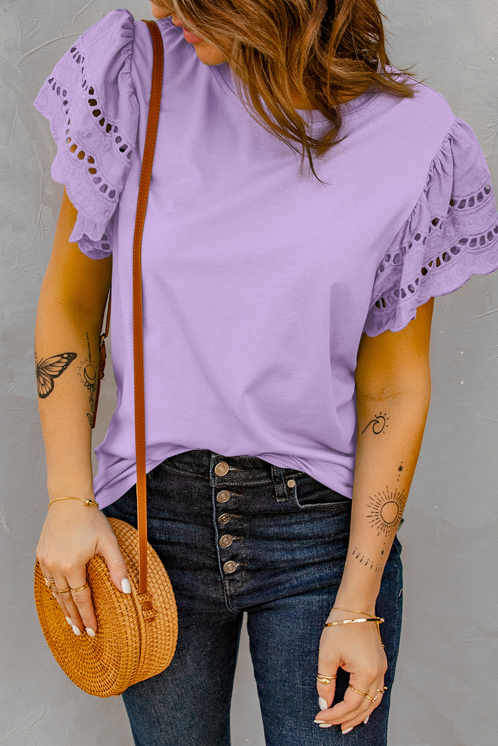 Round Neck Openwork Flutter Sleeve Top
