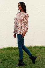 Printed Ruffle Shoulder Long Sleeve Blouse