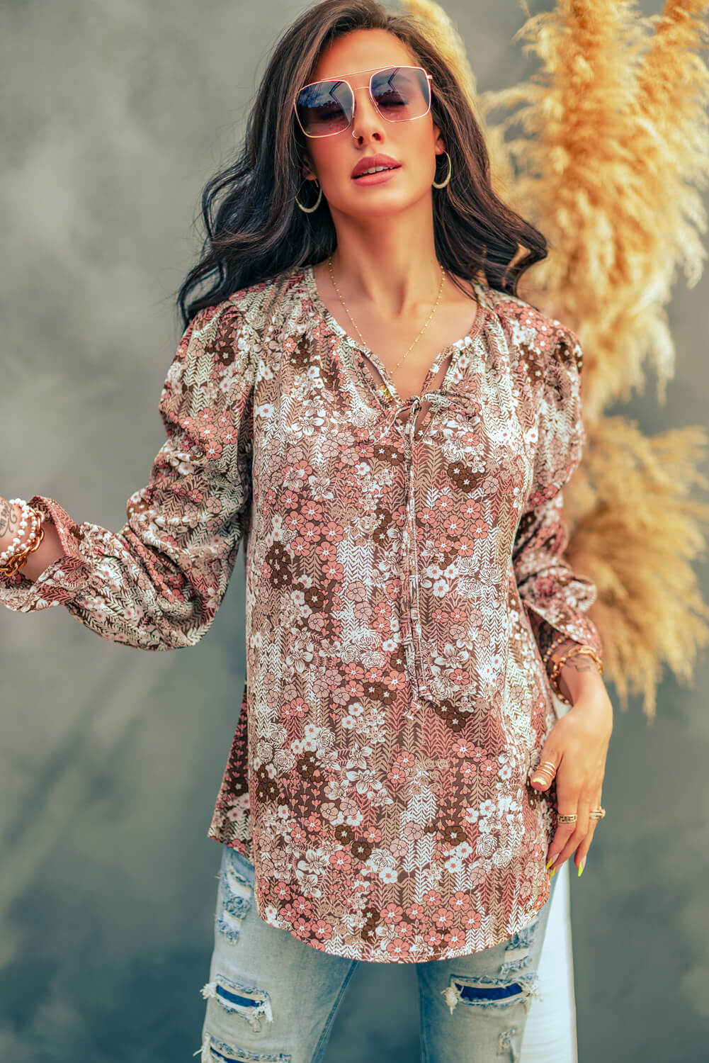 Printed Tie Neck Flounce Sleeve Top