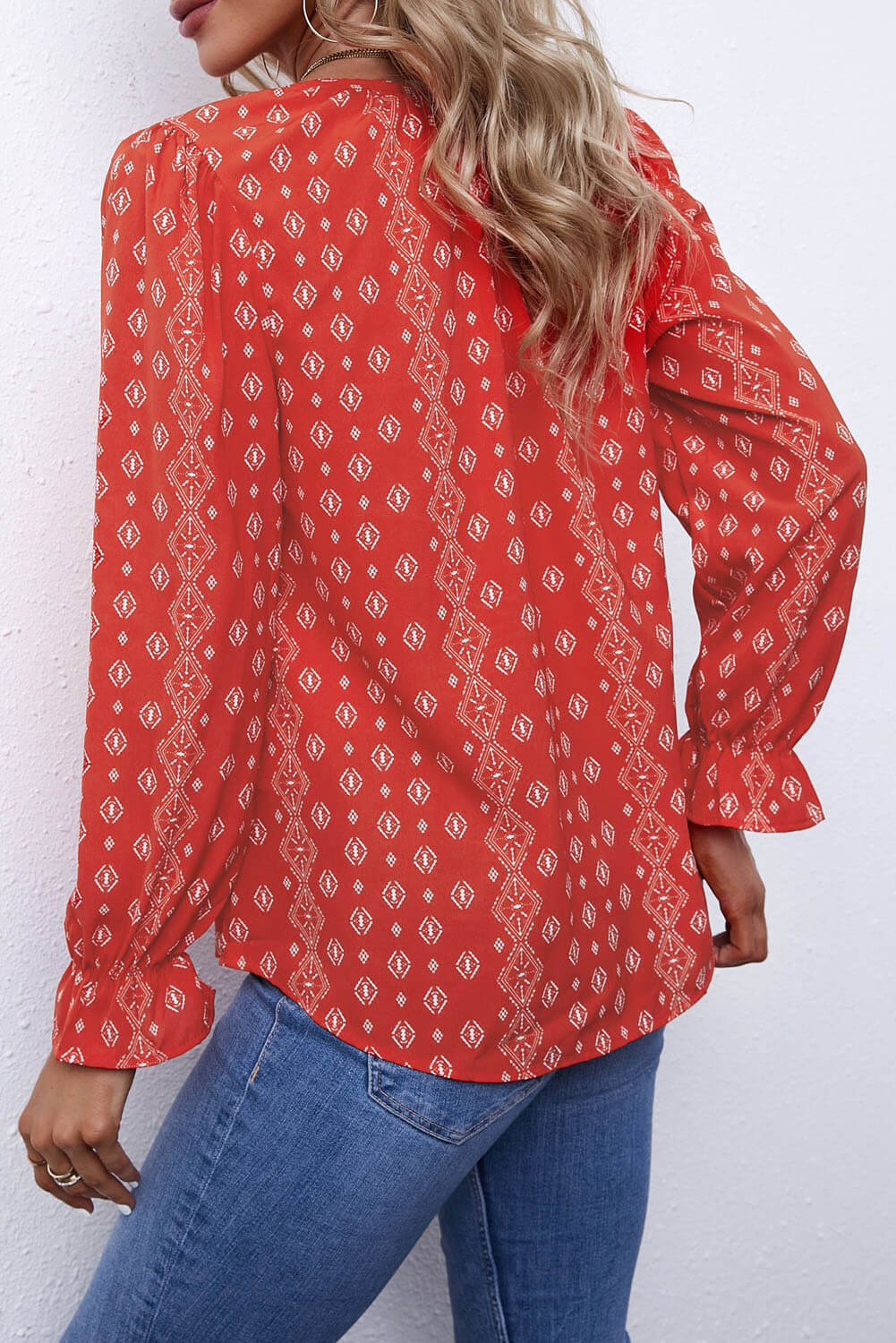 Printed Tie Neck Flounce Sleeve Top