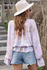 Printed Tie Neck Flounce Sleeve Blouse