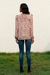 Printed Ruffle Shoulder Long Sleeve Blouse