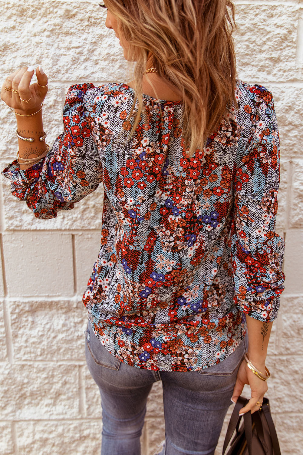 Printed Tie Neck Flounce Sleeve Top